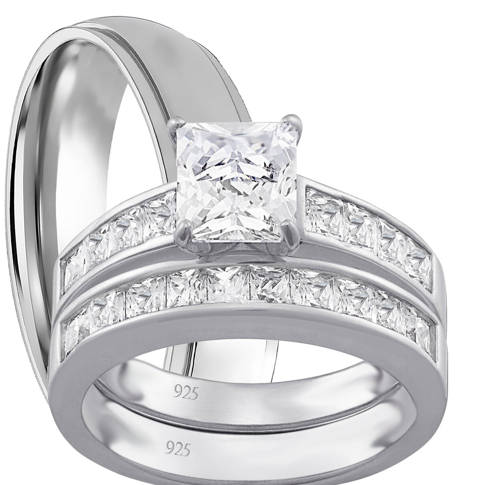 His Her Wedding Set TRIO 3 PCS Silver Titanium Wedding Engagement Ring Set