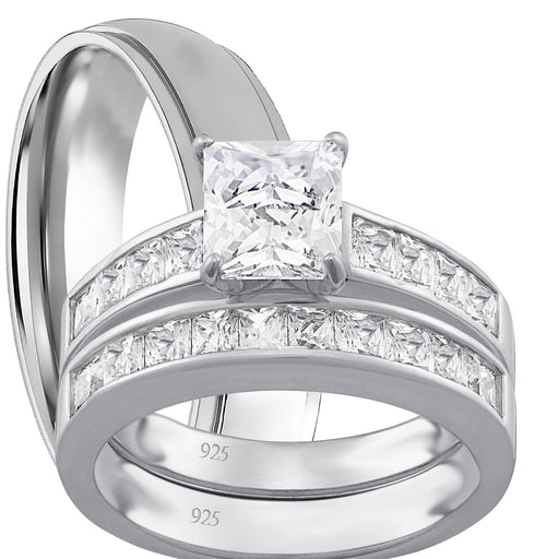 His Her Wedding Set TRIO 3 PCS Silver Titanium Wedding Engagement Ring Set