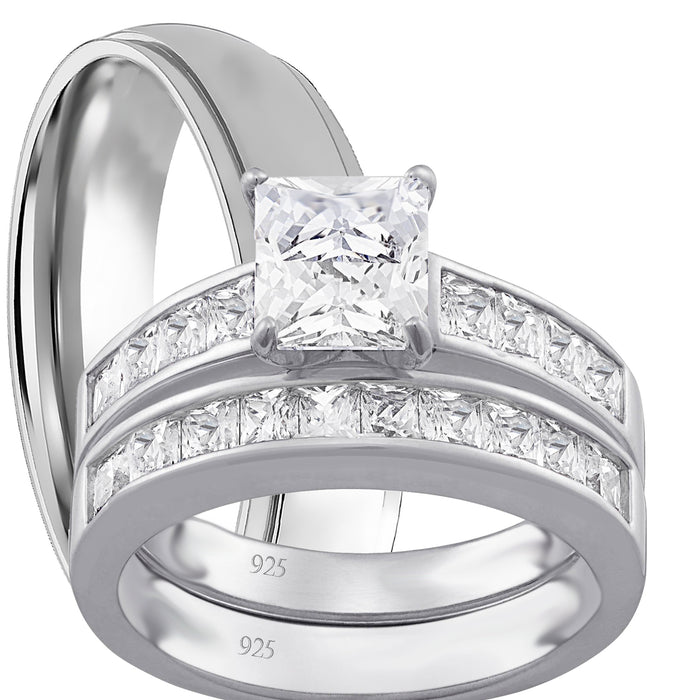 His Her Wedding Set TRIO 3 PCS Silver Titanium Wedding Engagement Ring Set