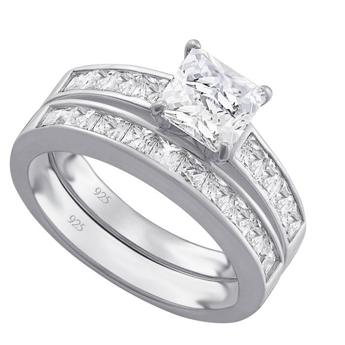 His Her Wedding Set TRIO 3 PCS Silver Titanium Wedding Engagement Ring Set