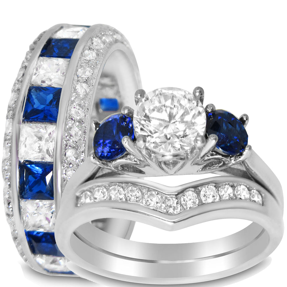 unique vintage blue white silver his her wedding ring set