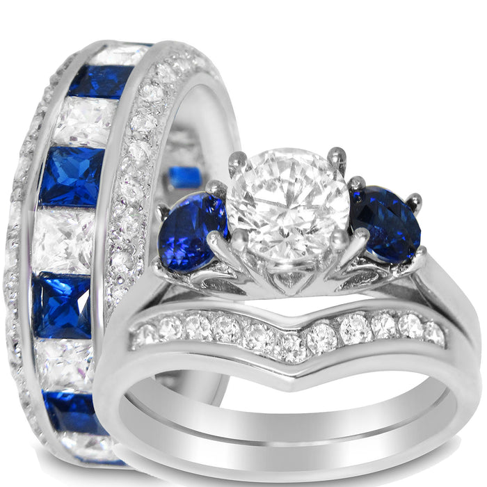 unique vintage blue white silver his her wedding ring set