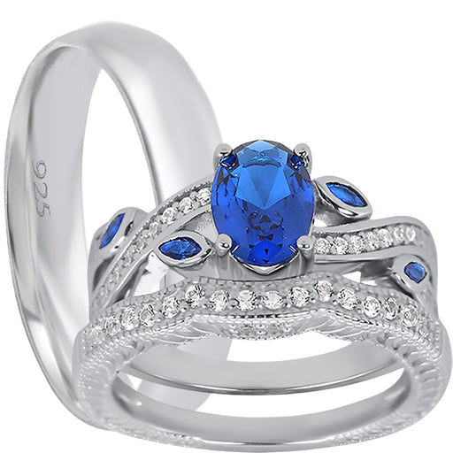 His and Her Wedding Ring Set TRIO 3PCS Silver Rings for Him Her