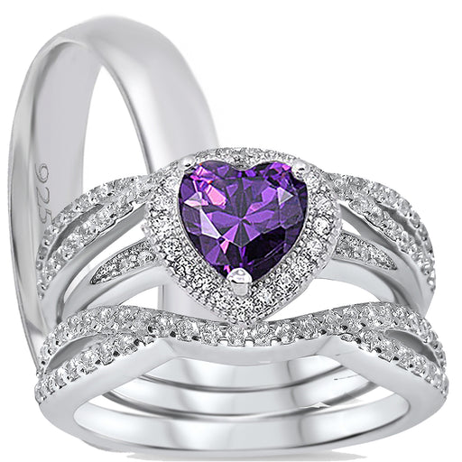 His and Her Wedding Ring Set TRIO 3PCS Silver Rings for Him Her