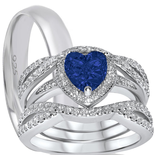 His Her Wedding Ring Set Simulated Sapphire Heart CZ for Men Women