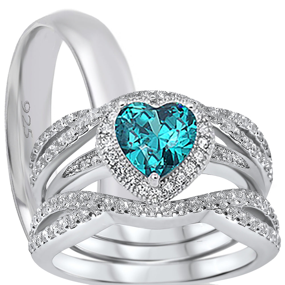His and Her Wedding Ring Set TRIO 3PCS Silver Rings for Him Her