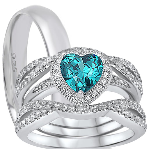 His and Her Wedding Ring Set TRIO 3PCS Silver Rings for Him Her