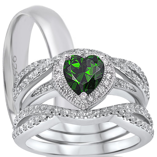 His and Her Wedding Ring Set TRIO 3PCS Silver Rings for Him Her