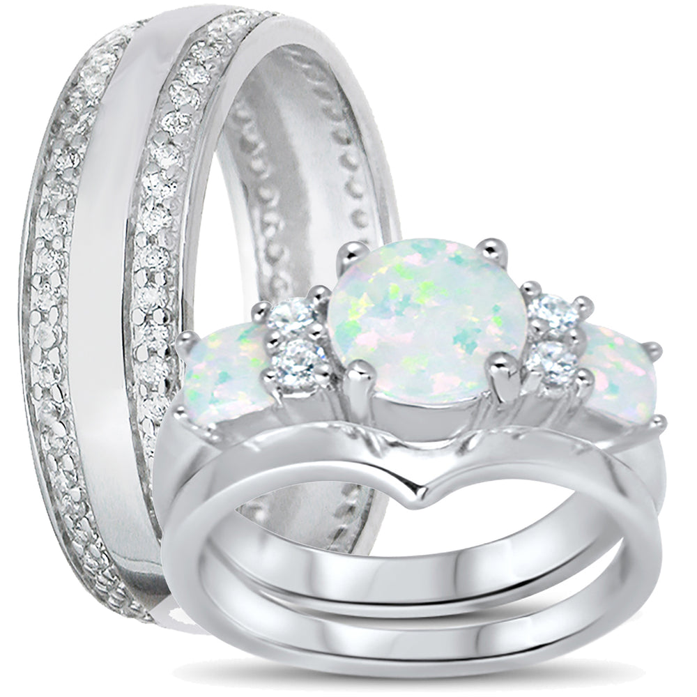 His and Her Wedding Set, Fire Opal Bridal Ring Set, Sterling Silver Wedding Bands Him Her