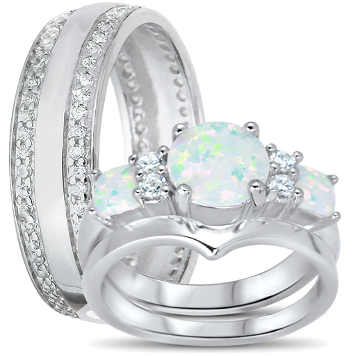 His and Her Wedding Set, Fire Opal Bridal Ring Set, Sterling Silver Wedding Bands Him Her
