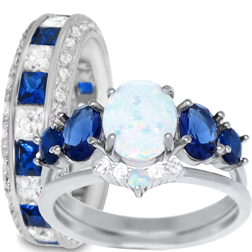 His and Her Wedding Ring Set TRIO White Opal & Simulated Blue Simulated Sapphire Couples Rings
