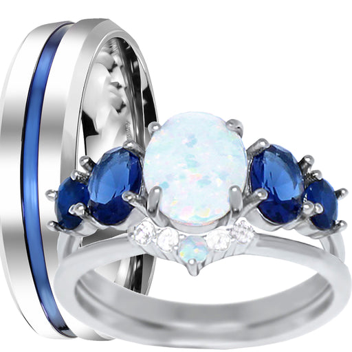 His and Her Wedding Ring Set Simulated Blue Simulated Sapphire Silver Steel Couples Engagement Rings