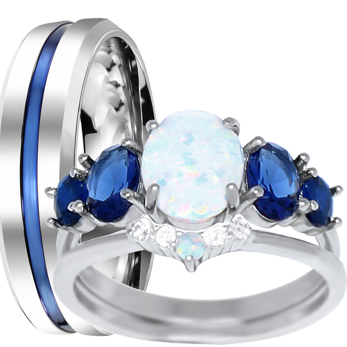 His and Her Wedding Ring Set Simulated Blue Simulated Sapphire Silver Steel Couples Engagement Rings