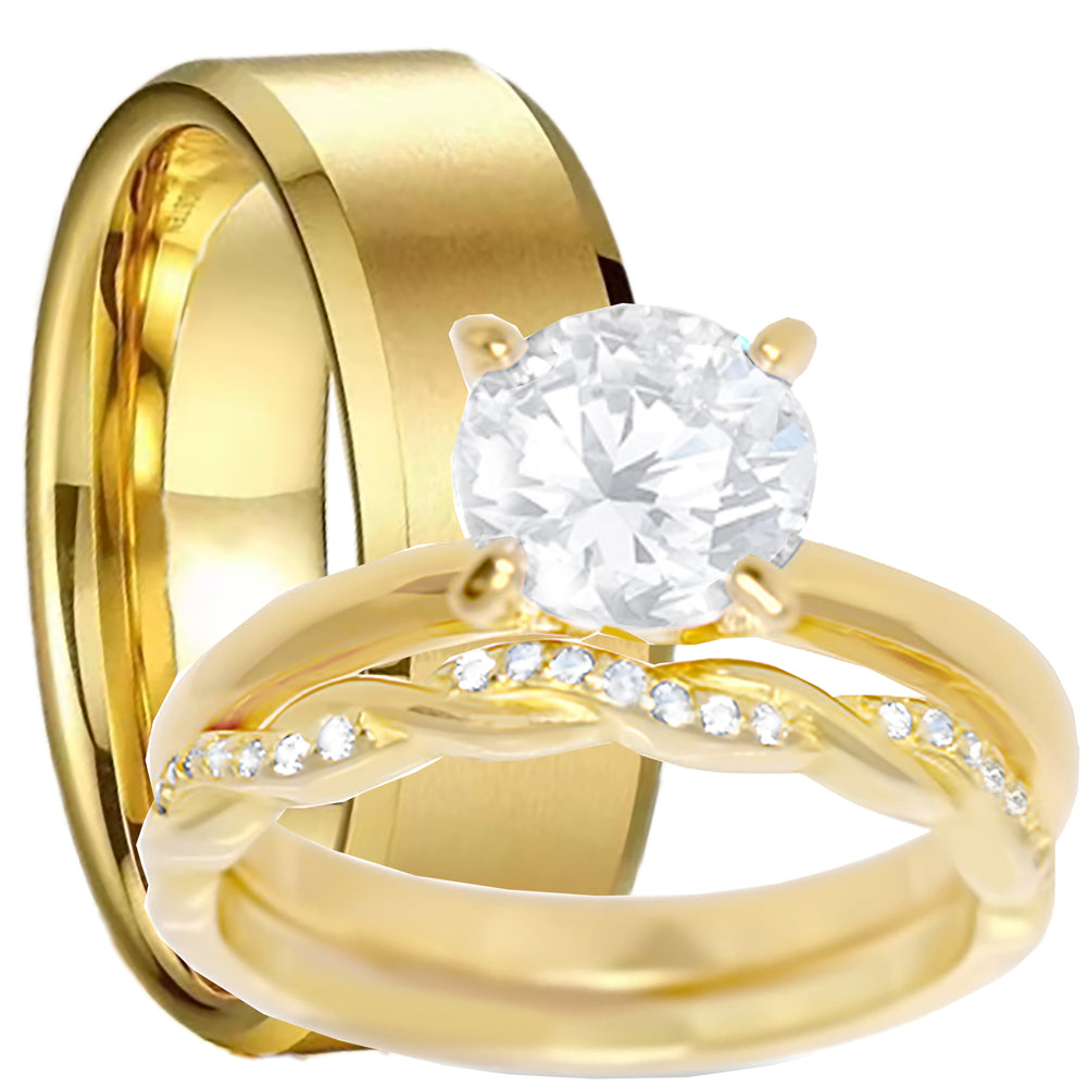 Solitaire round cut gold plated silver his her wedding rings