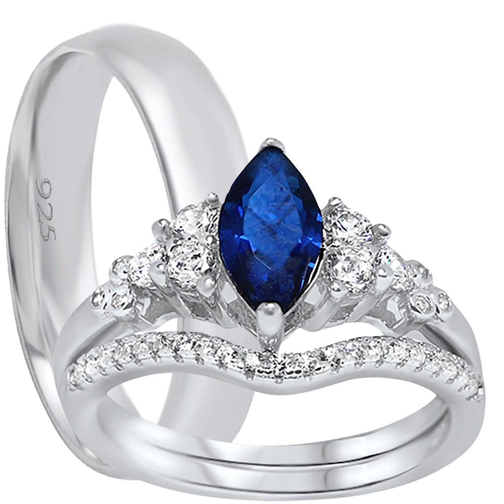 His and Her Wedding Ring Set Simulated Blue Simulated Sapphire Marquise Sterling Silver Him Her