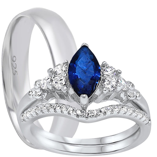 His and Her Wedding Ring Set Simulated Blue Simulated Sapphire Marquise Sterling Silver Him Her