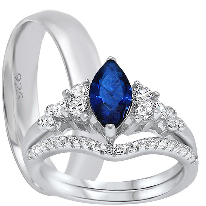 His and Her Wedding Ring Set Simulated Blue Simulated Sapphire Marquise Sterling Silver Him Her