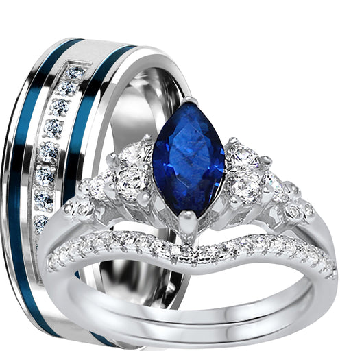 His and Her Wedding Rings Set Silver Steel Blue Engagement Couples TRIO Rings