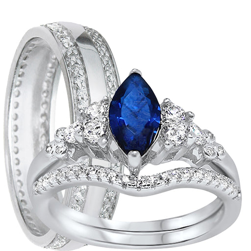 His Her Wedding Ring Set Simulated Sapphire Blue Marquise Sterling Silver Bands