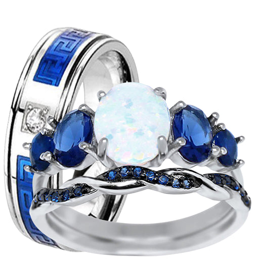 His Her Wedding Set 3 Piece TRIO Opal Simulated Sapphire CZ Silver Rings for Women Steel Men
