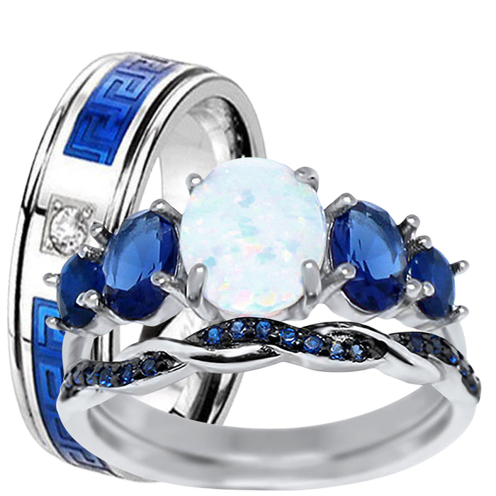 His Her Wedding Set 3 Piece TRIO Opal Simulated Sapphire CZ Silver Rings for Women Steel Men