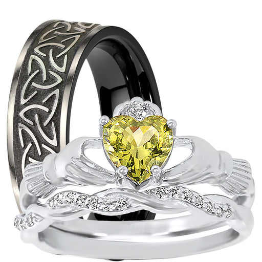 His and Her Simulated Peridot Green TRIO Wedding Ring Set