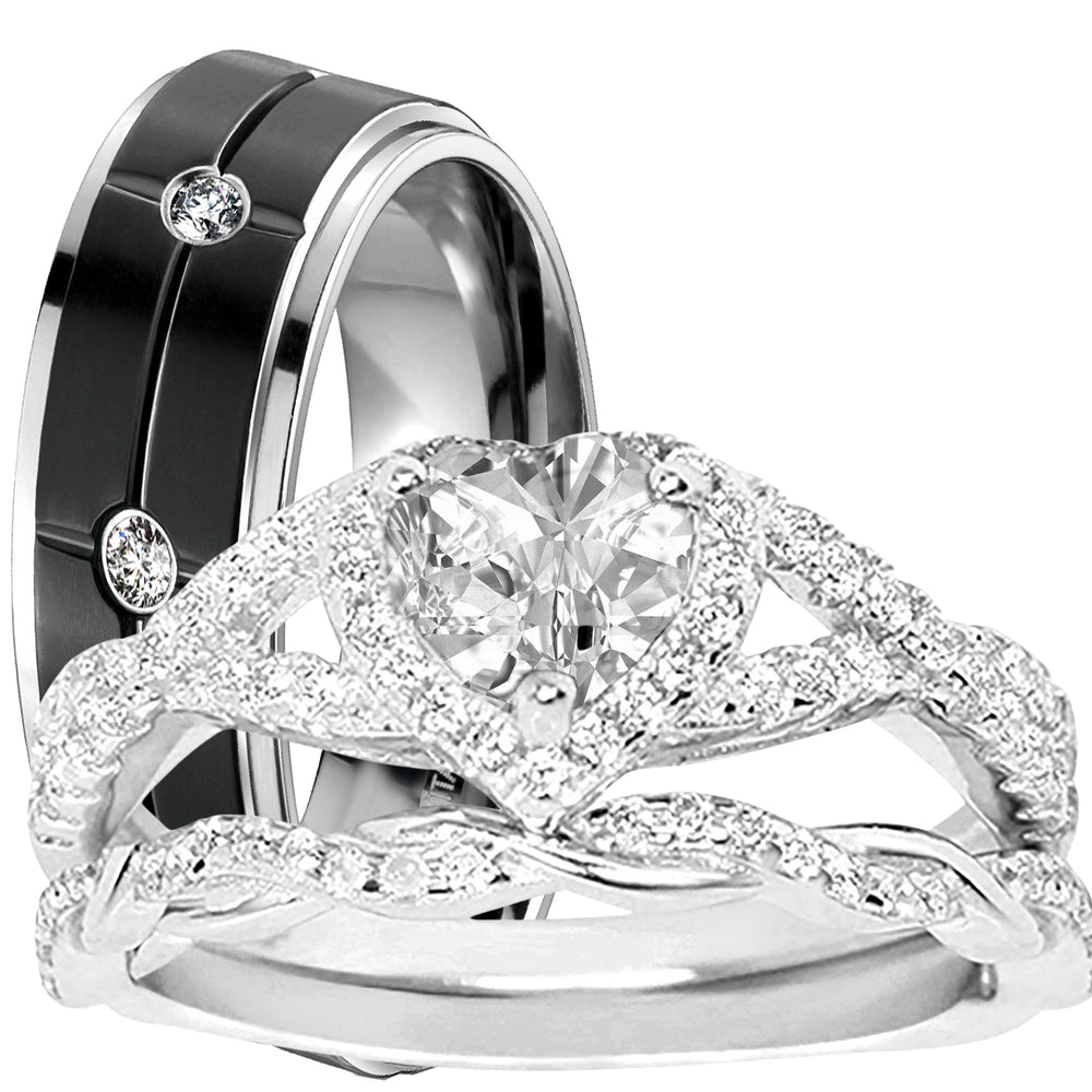 His Her CZ Wedding Ring Set 3 PCS TRIO Silver Black Titanium Couples Bands