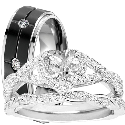 His Her CZ Wedding Ring Set 3 PCS TRIO Silver Black Titanium Couples Bands
