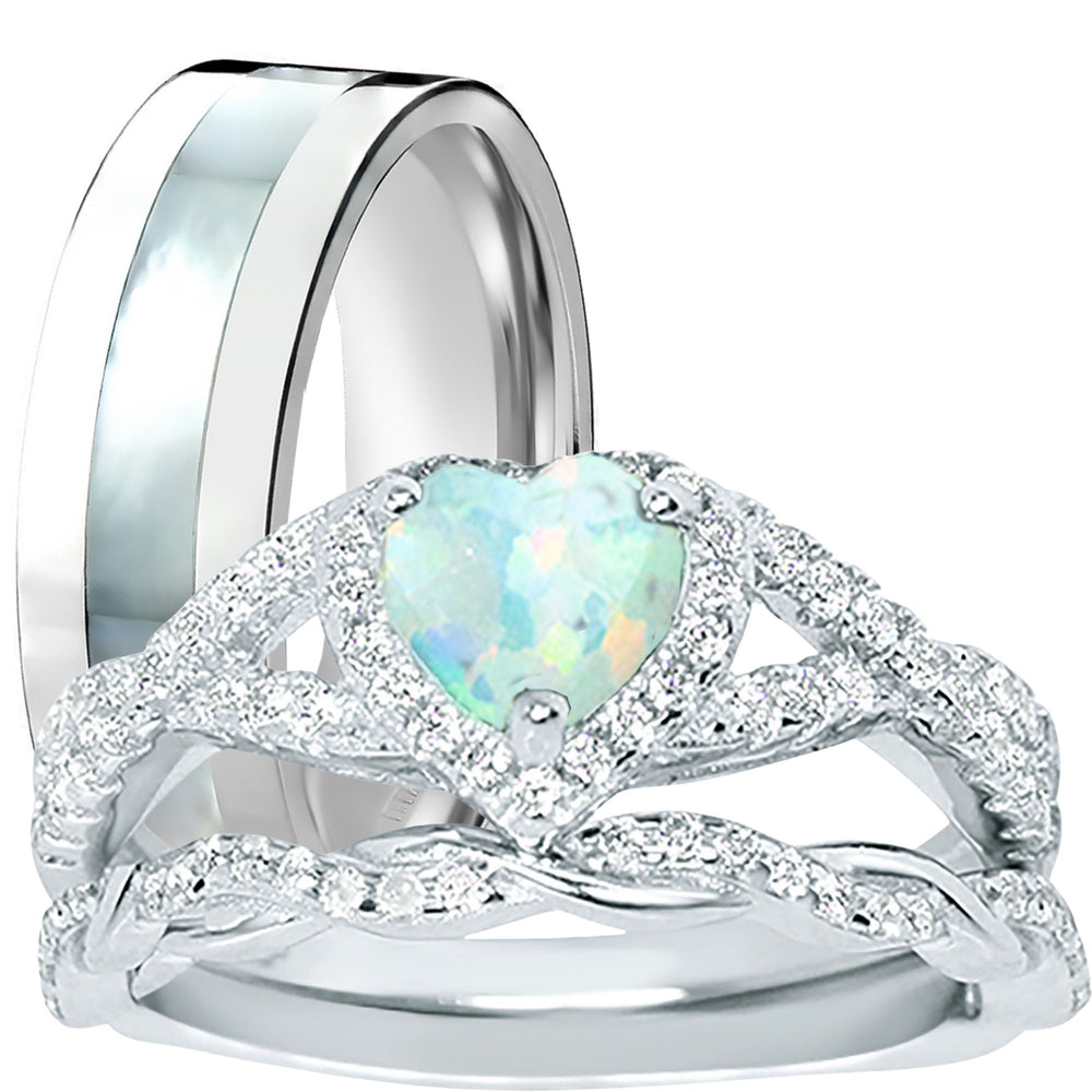 His Her Opal Wedding Ring Set 3 PCS TRIO Silver Titanium Couples Bands