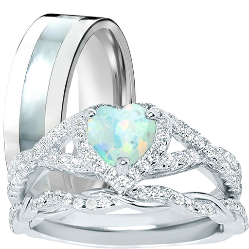 His Her Opal Wedding Ring Set 3 PCS TRIO Silver Titanium Couples Bands