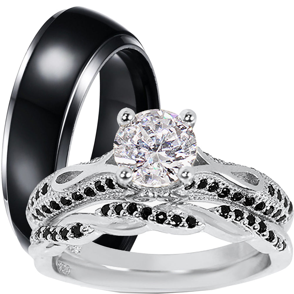 His Hers 3 Piece Trio Sterling Silver Black Wedding Band Engagement Ring Set