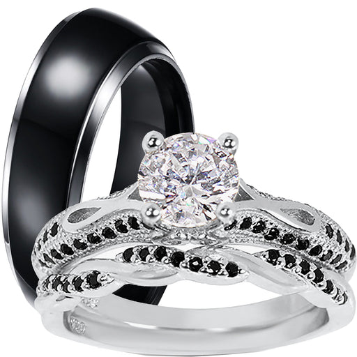 His Hers 3 Piece Trio Sterling Silver Black Wedding Band Engagement Ring Set