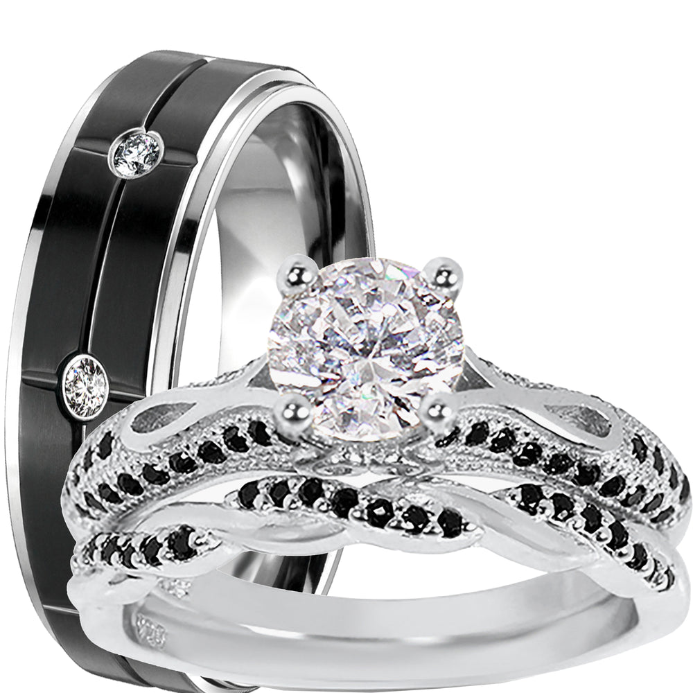 His Hers 3 Piece Trio Sterling Silver Black Wedding Band Engagement Ring Set