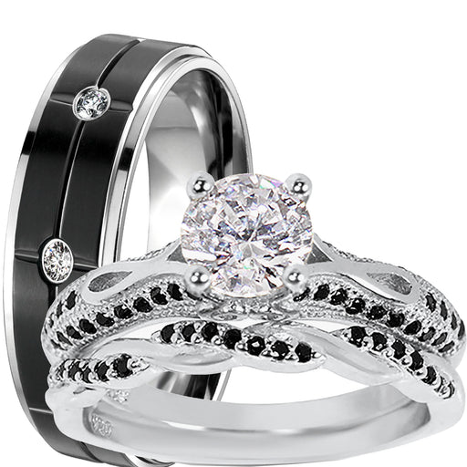 His Hers 3 Piece Trio Sterling Silver Black Wedding Band Engagement Ring Set
