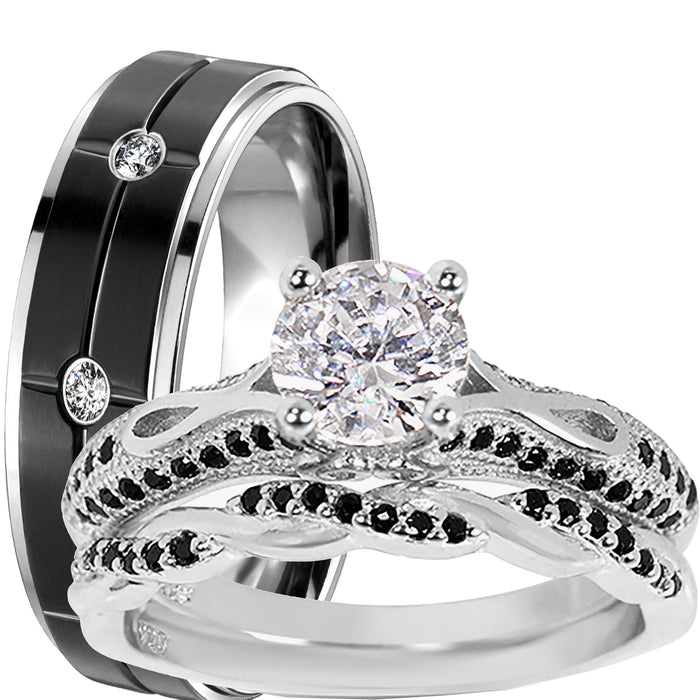 His Hers 3 Piece Trio Sterling Silver Black Wedding Band Engagement Ring Set
