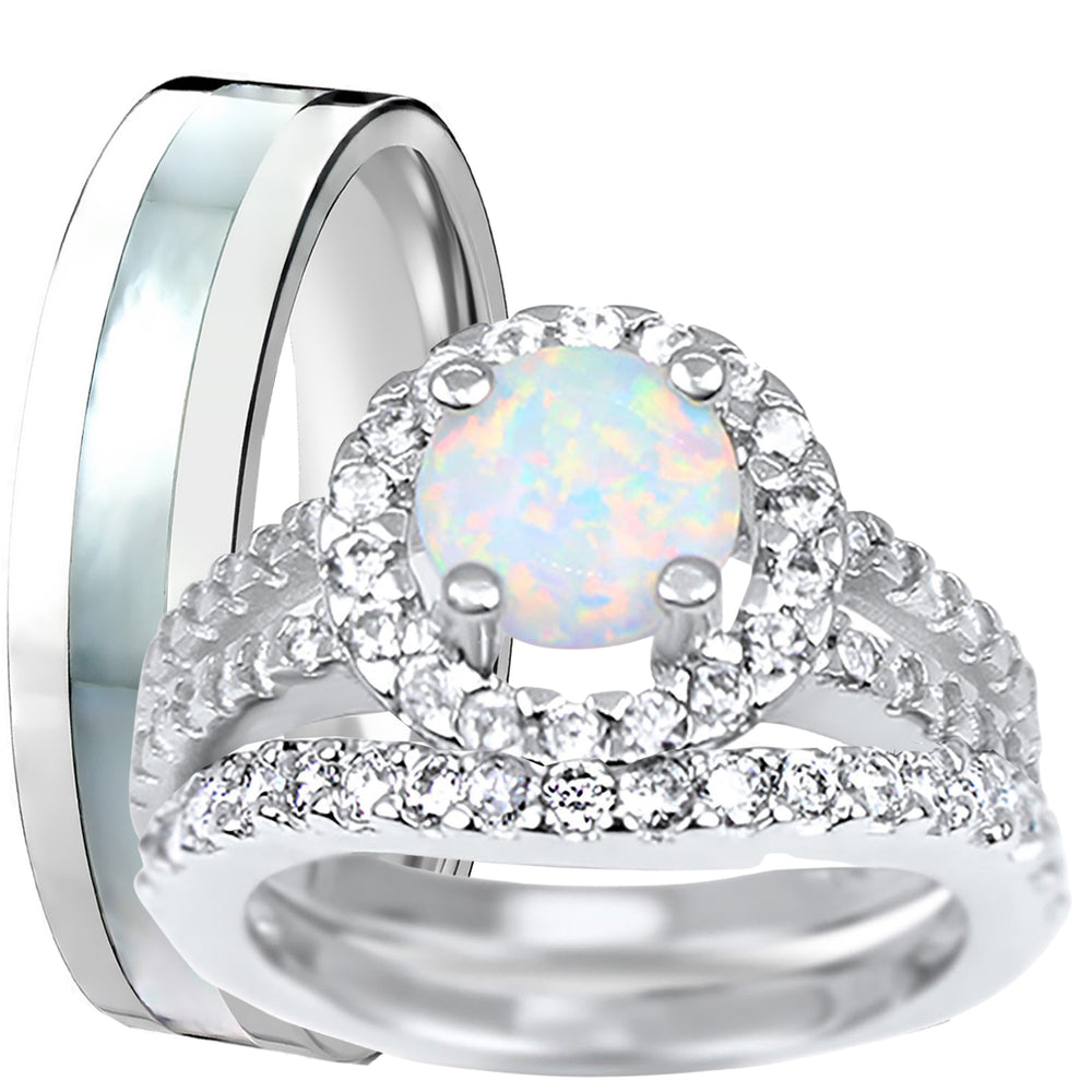 His Her Opal Wedding Ring Set 3 PCS TRIO Silver Titanium Couples Bands