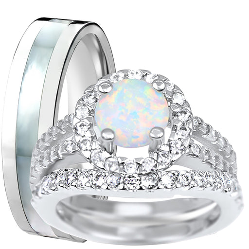His Her Opal Wedding Ring Set 3 PCS TRIO Silver Titanium Couples Bands