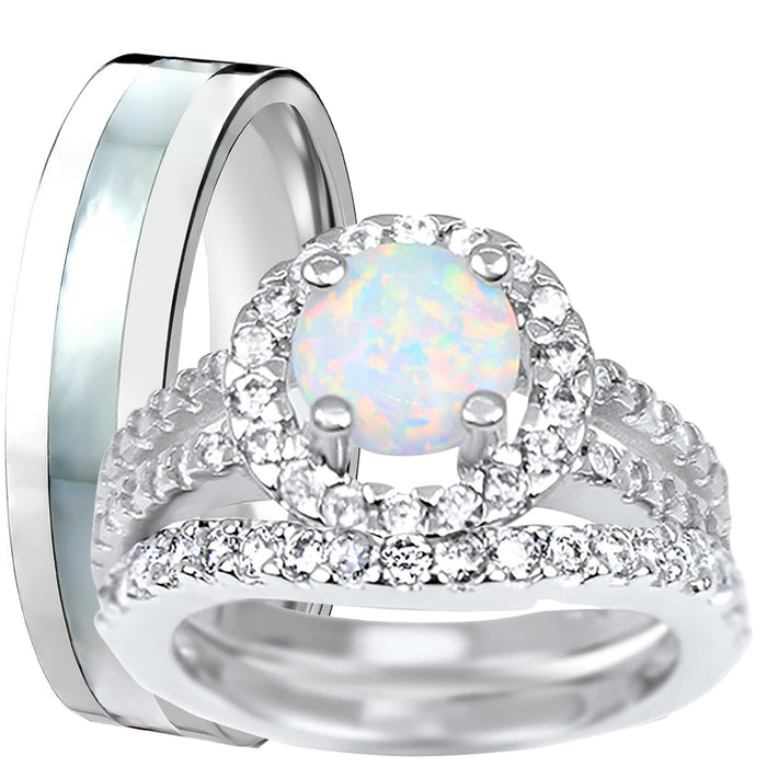 His Her Opal Wedding Ring Set 3 PCS TRIO Silver Titanium Couples Bands