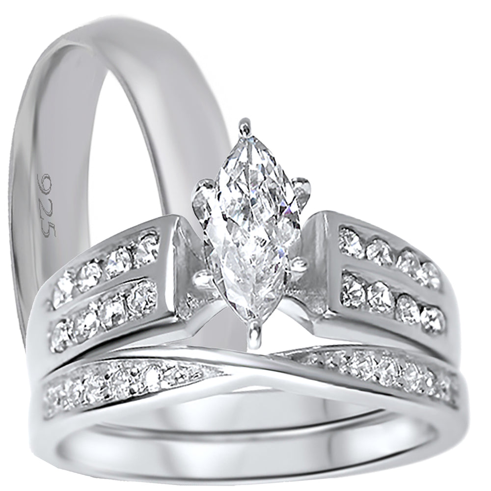 marquise his her silver wedding ring set