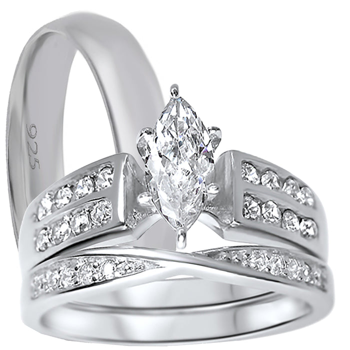marquise his her silver wedding ring set
