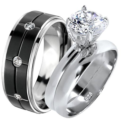 His Her CZ Wedding Ring Set 3 Piece TRIO Silver Black Titanium Couples Bands