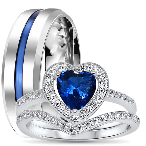 His and Her Wedding Rings Simulated Blue Simulated Sapphire Silver Steel Wedding Set Him Her