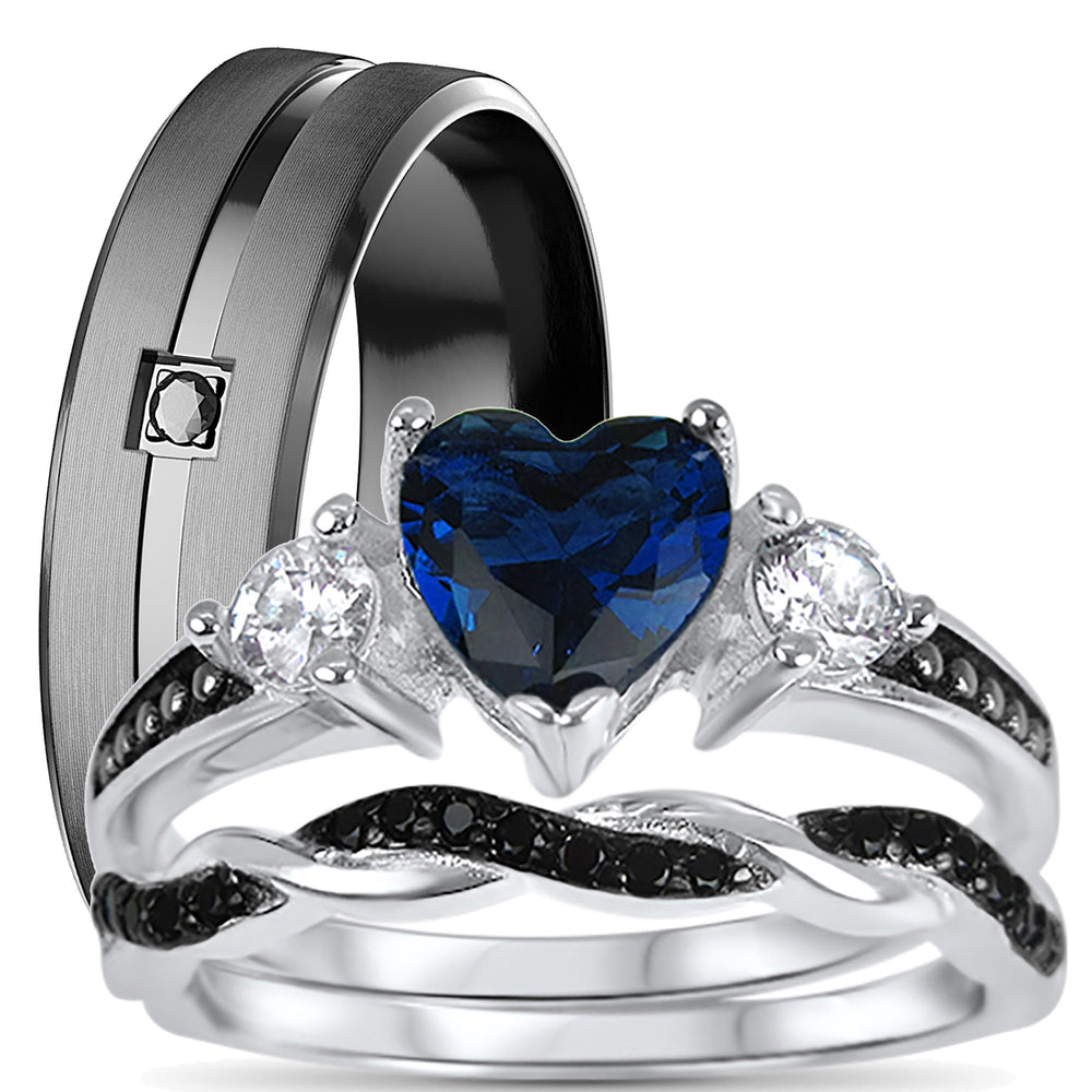 His Hers 3 Piece Trio Sterling Silver Blue Black Wedding Band Engagement Ring Set