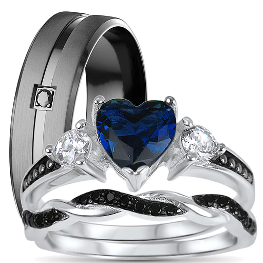 His Hers 3 Piece Trio Sterling Silver Blue Black Wedding Band Engagement Ring Set