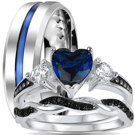 His Hers 3 Piece Trio Blue Black Wedding Band Engagement Ring Set Bride Groom Marriage
