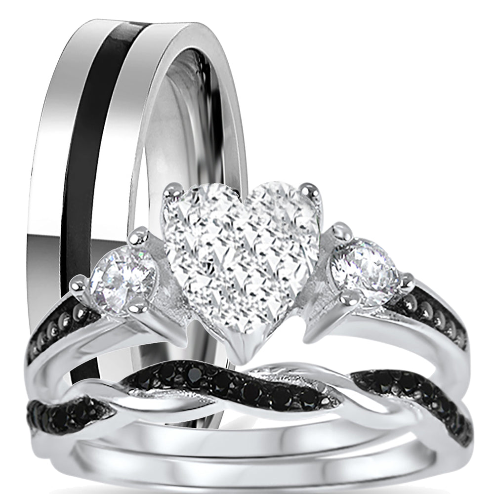 His Her Silver Steel TRIO Wedding Ring Set