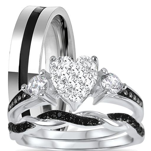 His Her Silver Steel TRIO Wedding Ring Set