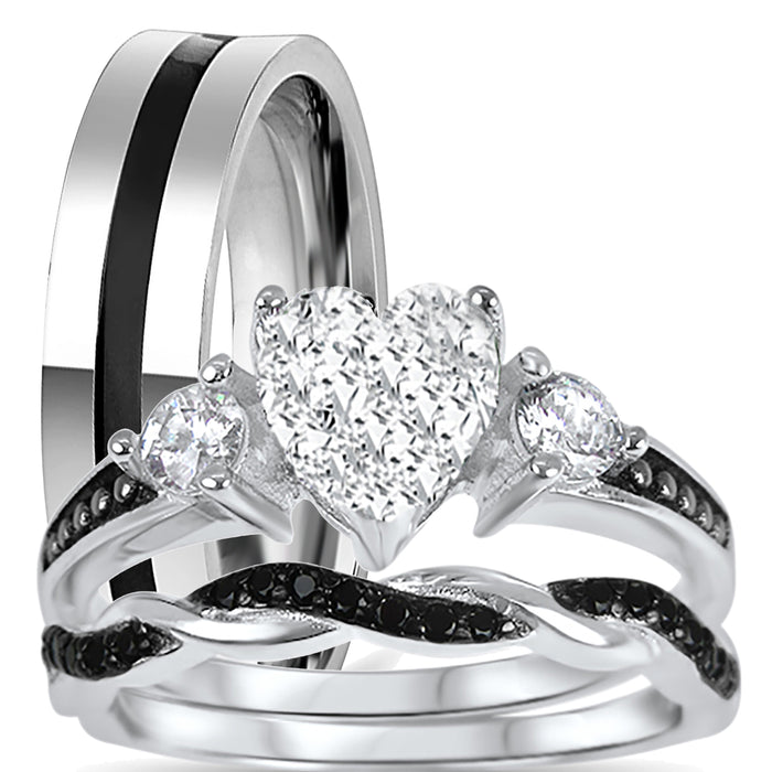 His Her Silver Steel TRIO Wedding Ring Set