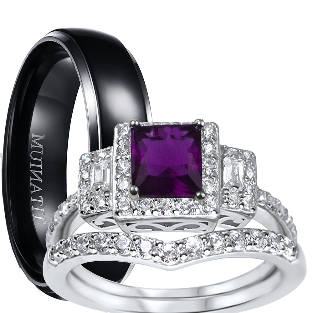 Simulated Amethyst Purple His Her TRIO Wedding Engagement Ring Set