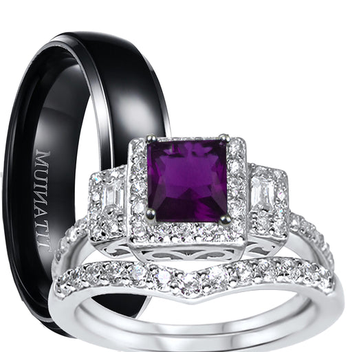 Simulated Amethyst Purple His Her TRIO Wedding Engagement Ring Set